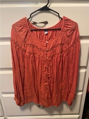 Old Navy Coral Button-Front Gauze Peasant Blouse